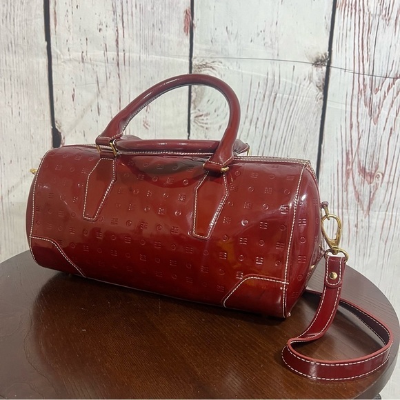ARCADIA Monogram Crossbody & Top handle BARREL  Bag burgundy patent leather EUC - Picture 10 of 17